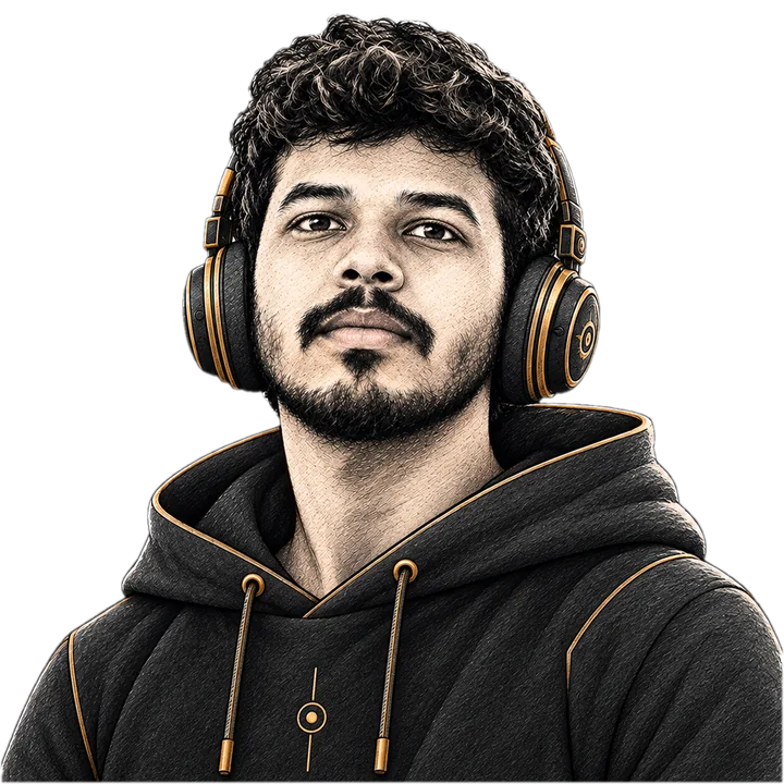 Illustrated portrait of Gunasekhar Jenni wearing headphones and a dark hoodie
